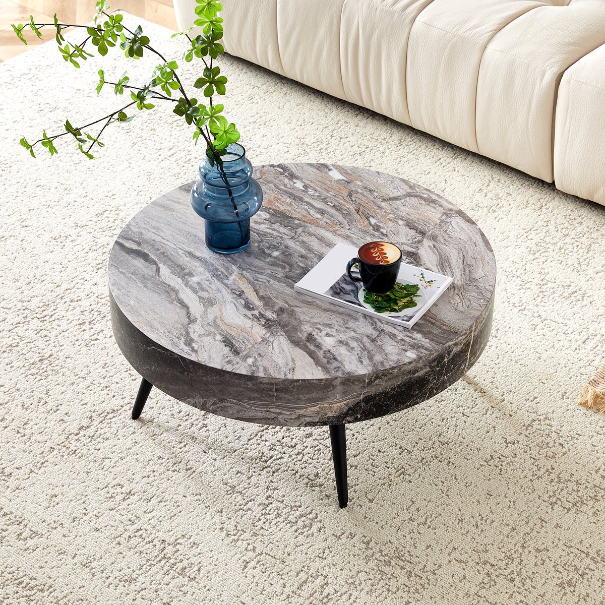 HAUSS SPOLE Salontafel Rond - Grijs Marmerlook Blad Met Stevige Metalen Poten - Voor Woonkamer En Kleine Ruimtes - MDF - 70x35,5 Cm