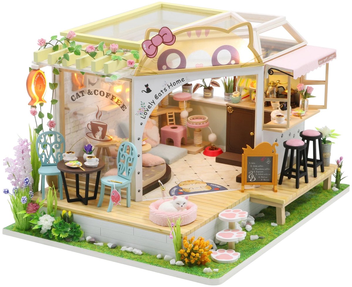 Katten Cafe - 3D Puzzel met Handleiding - DIY - Miniatuur Modelbouw Hout Kinderen en Volwassenen - Houten bouwpakket - Assemblr