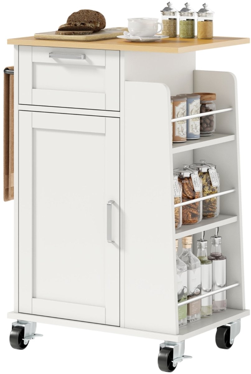 Daity Keukentrolley op wielen, keukeneiland, met soft-close deur, lades, handdoekrek, 3 kruidenrekken en verstelbare planken, multifunctionele houten opbergtrolley, 62x40x87 cm, wit.