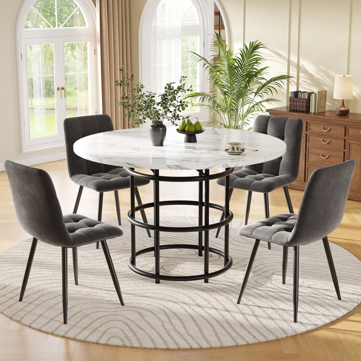 HAUSS SPOLE Eettafelset - Rond Met 4 Fluwelen Stoelen - Voor Eetkamer En Keuken - Metaal E