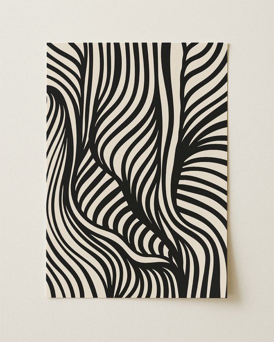 Abstracte poster met een dynamisch patroon van dikke zwarte golvende lijnen op een crème ondergrond.