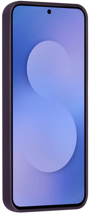 Dieppaarse telefoonhoes die de zijkant van de Samsung Galaxy S26 omhult. Het scherm is zichtbaar met een paars abstract patroon.