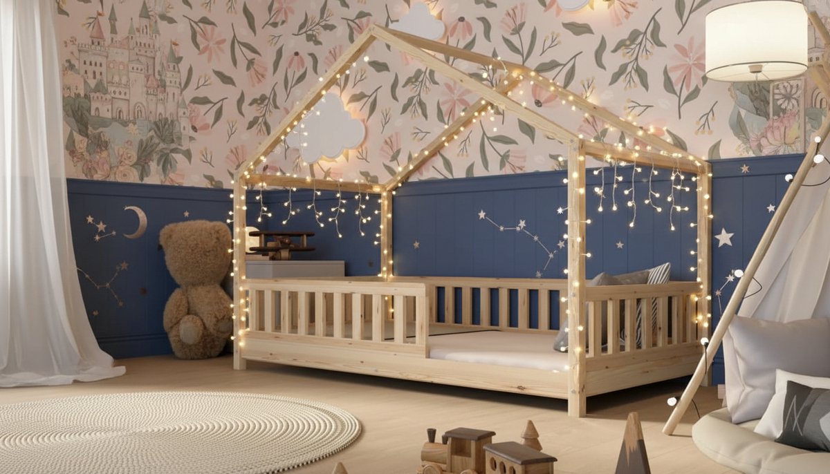 Kinderbed 160x80 cm – Natuurlijk Houten Montessori Cabin Bed met Veiligheidsbarrière & In Hoogte Verstelbare Poten – Casa Velluto Peuterbed Jungle Thema voor Jongens en Meisjes – Massief Dennenhout, Veilig en Duurzaam