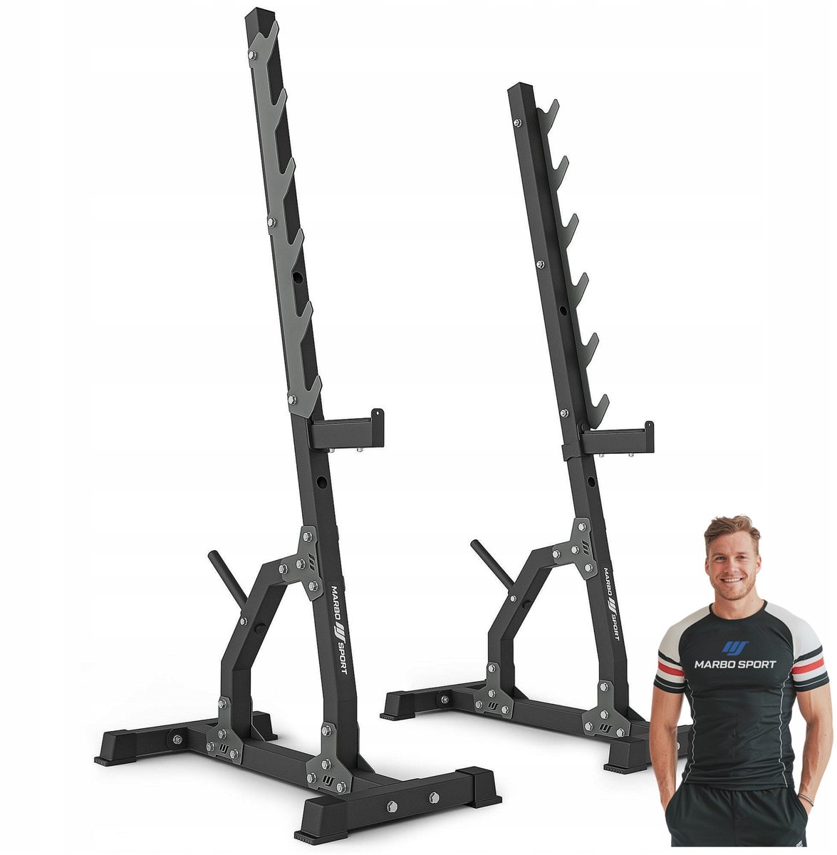 Marbo Sport - Verstelbare haltersteunen set - Squat Rack - MS-S105 2.0 - Voor squats, bankdrukken en halterstandaard - Krachttraining en thuisgym en Home Gym - Max. 300 kg - Zwart