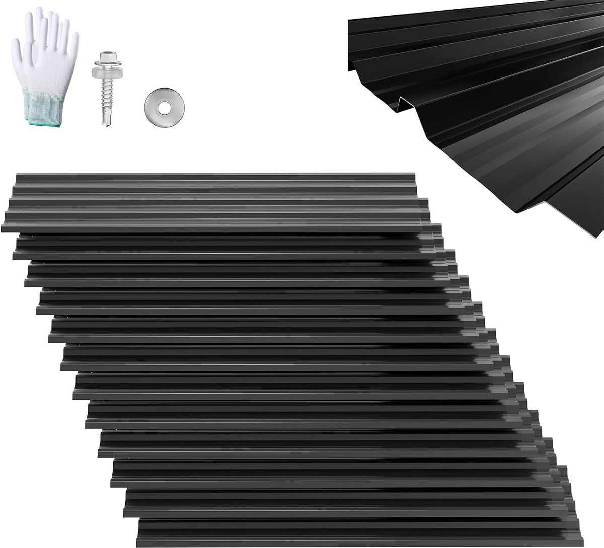12x Trapezium Plaat Dakbedekking 129x45 cm 7m² Gegalvaniseerd Staal Zwart Inclusief Bevestigingsmateriaal