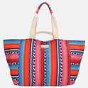 Grote tas met levendige verticale strepen in oranje, fuchsia, blauw en zwart. Beige hengsels.