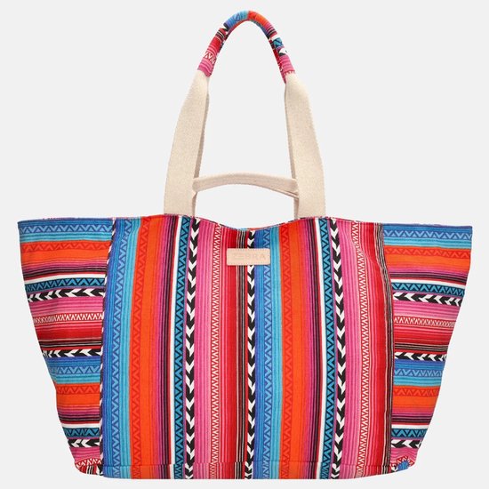 Grote tas met levendige verticale strepen in oranje, fuchsia, blauw en zwart. Beige hengsels.