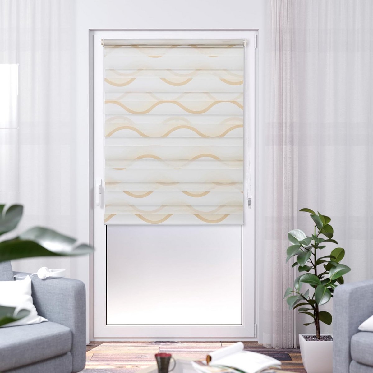 Klemmfix Dubbel Rolgordijn Model Golf Beige Zonder Boren 35 x 150 cm