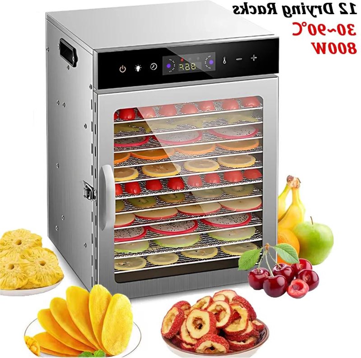 Dehydrator - Voedsel droger - Timer - 12 rekken - 800W 30-90 ℃ - Plantaardige Fruit Dehydrator - EU-stekker - 24-uurs timer - Licht - Geschikt voor schokkerig voedsel