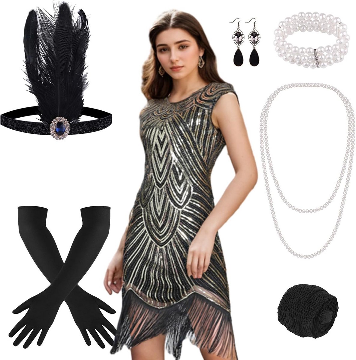 Vintage Jaren '20 Jurk met Pailletten Franjes en Accessoires Set