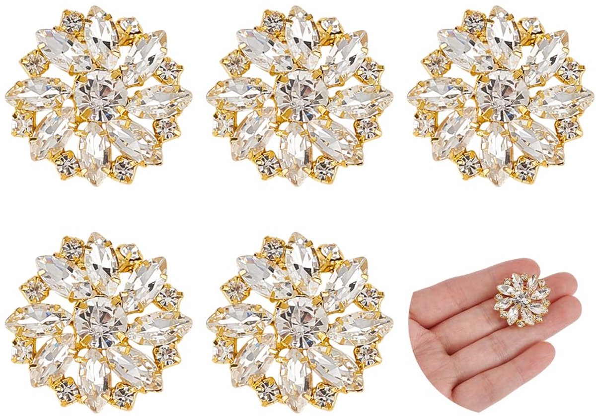 Bloemvormige Rhinestone Knopen - Lichtgouden Alloy - 27.5mm Diameter