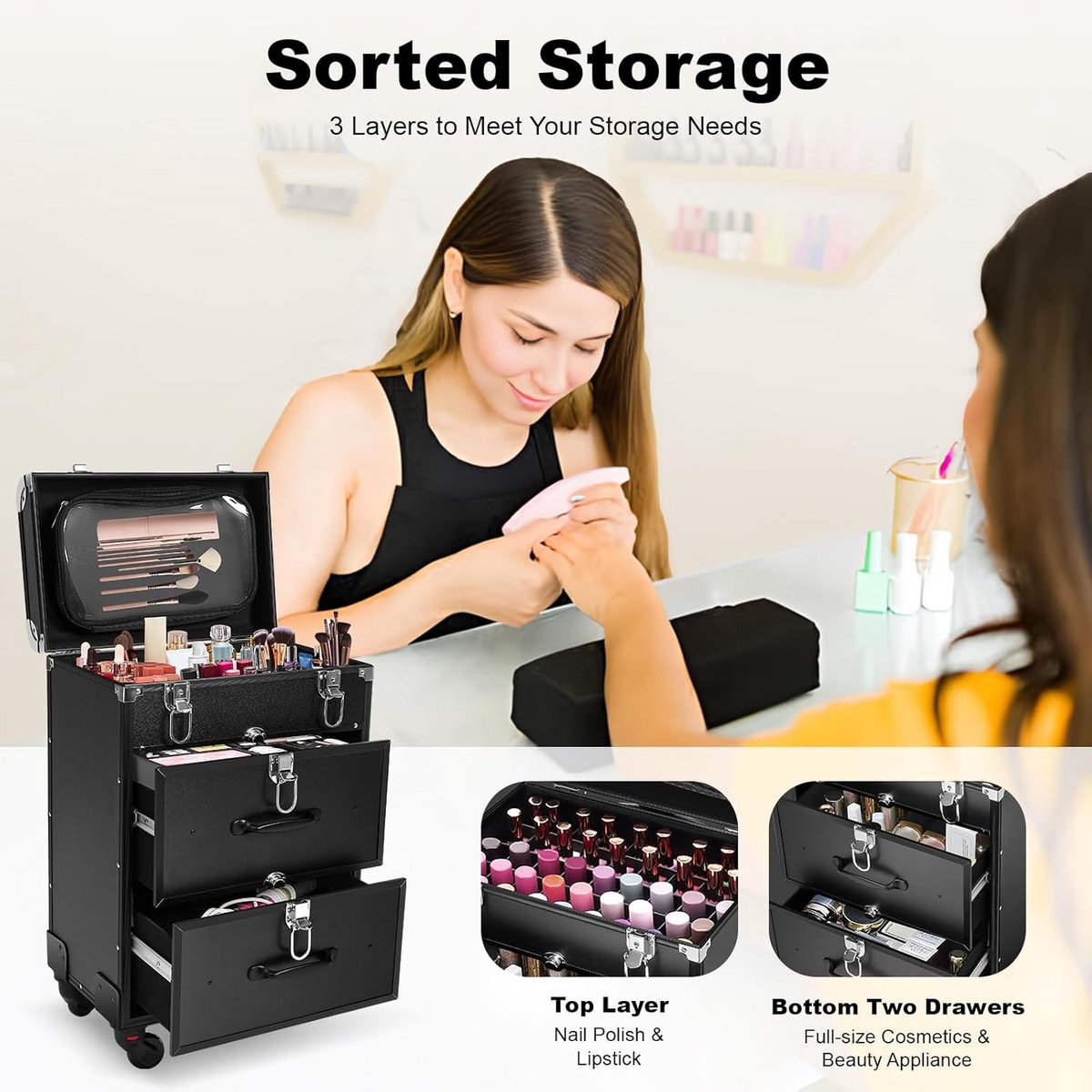 Professionele Cosmetica Trolley Koffer met Wieltjes en Slot - Verstelbare Make-up Opberger