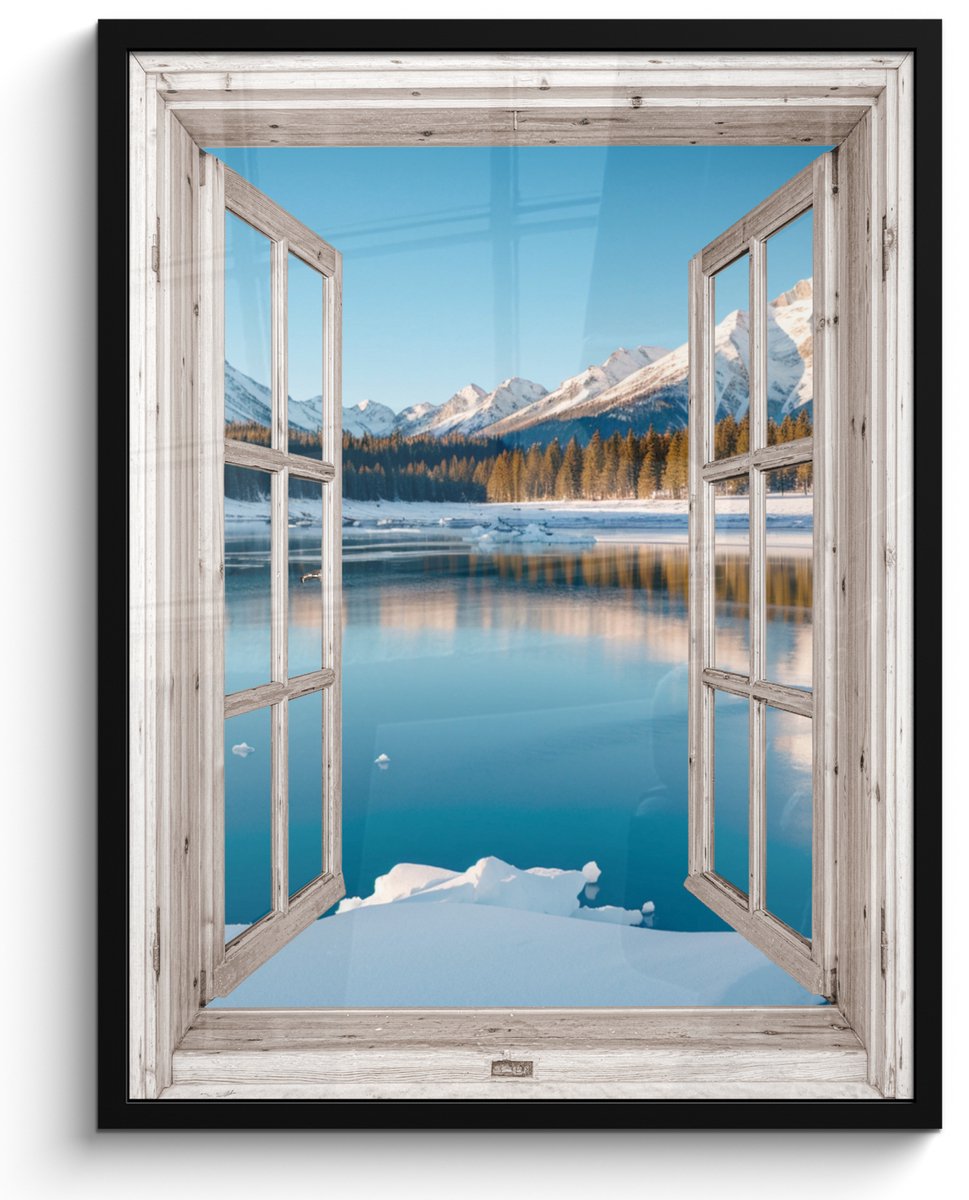 FrameYourWall Poster in lijst - Fotolijst 50x70 cm - Posters - Landschap - Winter - Meer - Bergen - Uitzicht - Doorkijk - Licht - Posterlijst zwart - Decoratie - Wanddecoratie woonkamer - Muurdecoratie slaapkamer