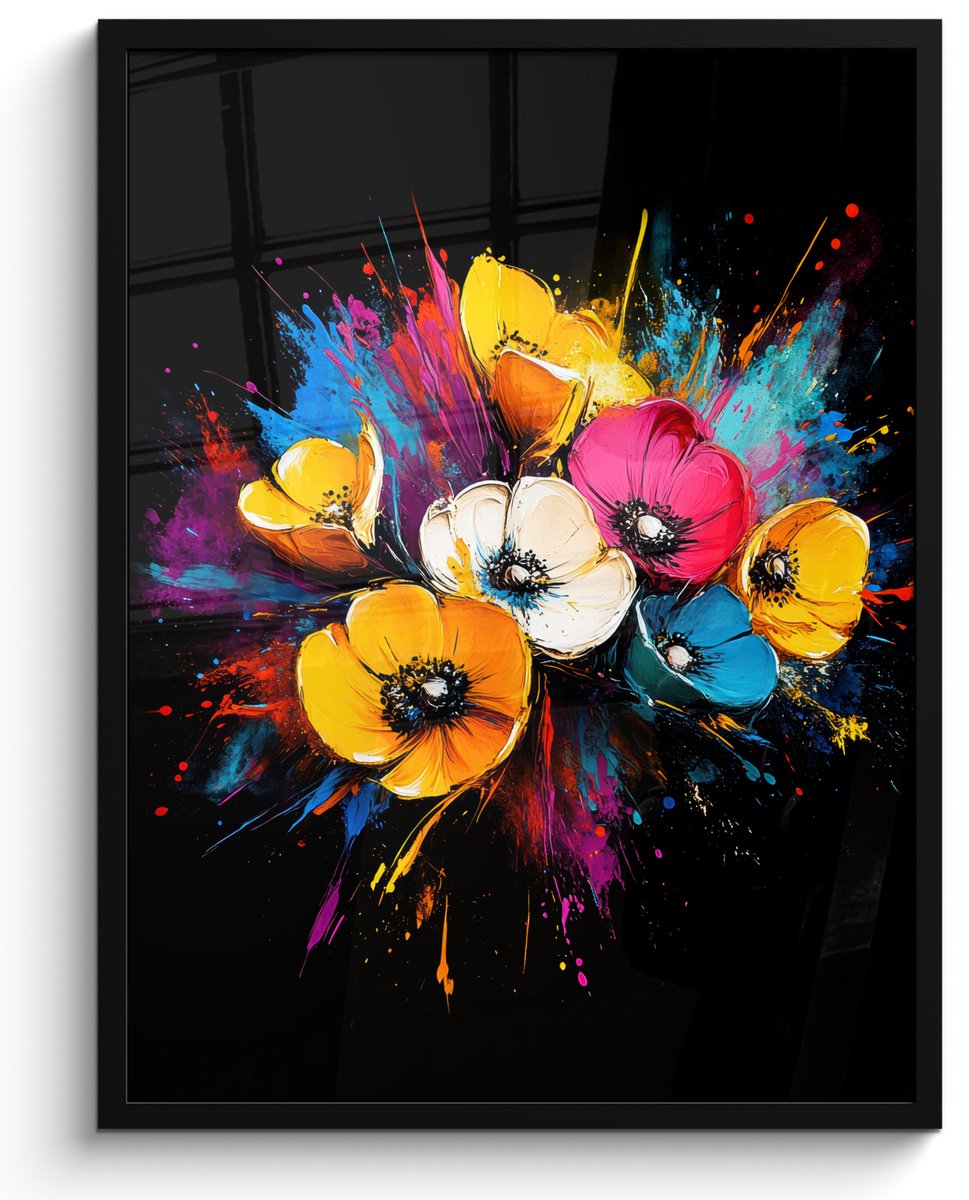 FrameYourWall Poster in lijst - Fotolijst 50x70 cm - Posters - Bloemen - Kleurrijk - Graffiti - Modern - Boeket - Posterlijst zwart - Decoratie - Wanddecoratie woonkamer - Muurdecoratie slaapkamer Graffiti - Bloemen