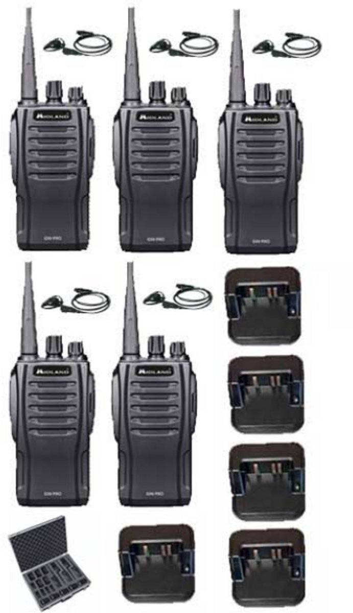 Set van 5 Midland G10 Pro Portofoon met tafellader, koffer en D-shape oortje