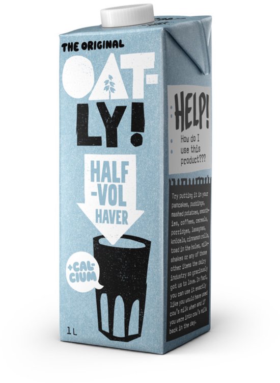 Oatly haverdrank met calcium, halfvol, in een lichtblauwe kartonnen verpakking met de tekst "Oatly! Half-Vol Haver" en "Help!".