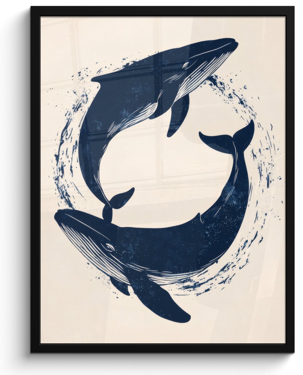 FrameYourWall Poster in lijst - Fotolijst 50x70 cm - Posters - Walvissen - Spetters - Cirkel - Donkerblauw - Posterlijst zwart - Decoratie - Wanddecoratie woonkamer - Muurdecoratie slaapkamer