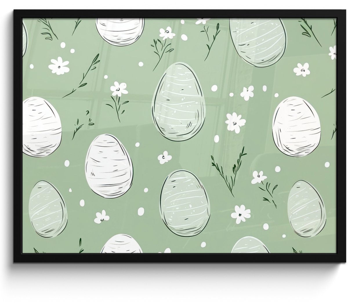 FrameYourWall Poster in lijst - Fotolijst 70x50 cm - Posters - Groen - Eieren - Patroon - Posterlijst zwart - Decoratie - Wanddecoratie woonkamer - Muurdecoratie slaapkamer Pasen