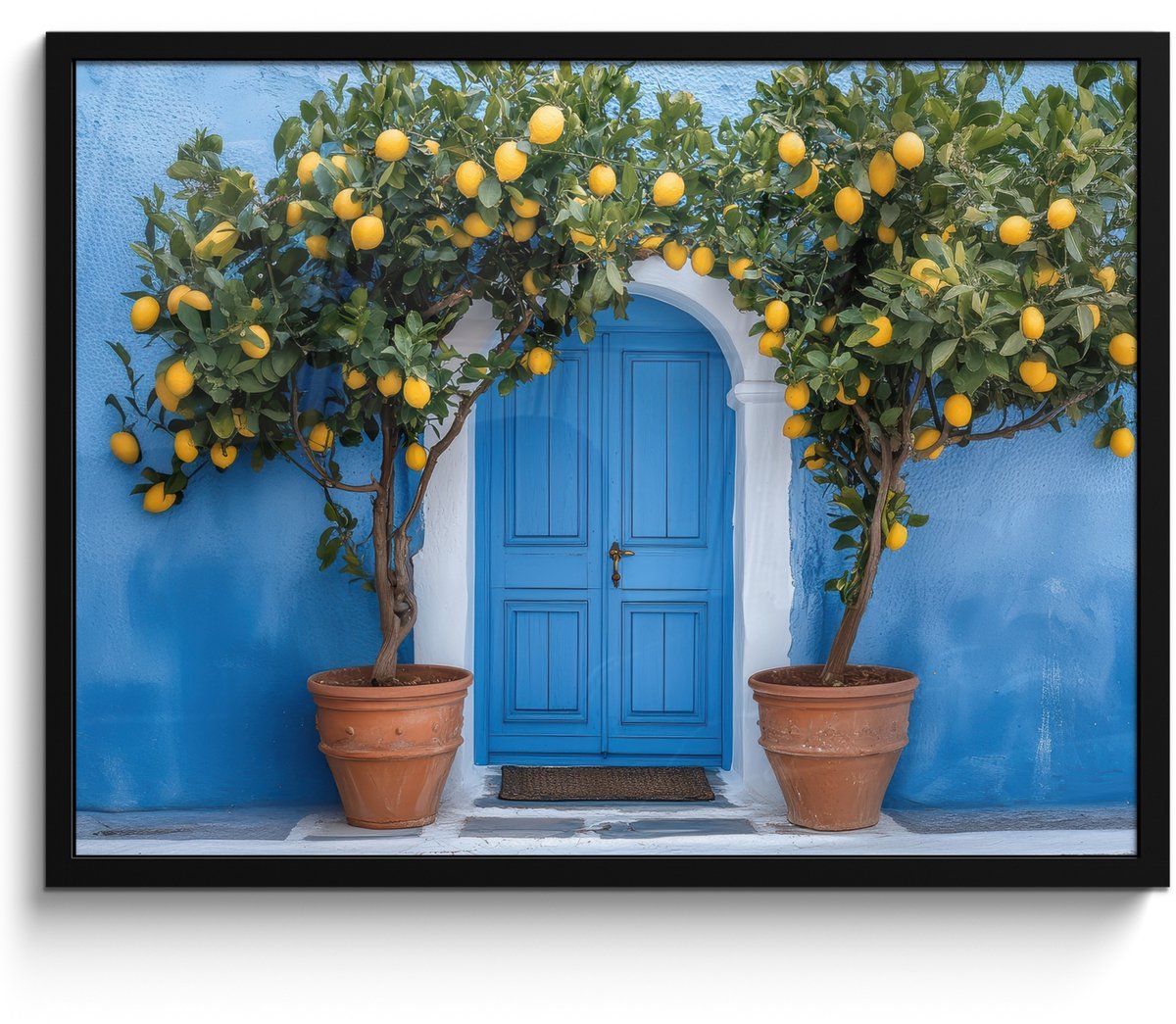 FrameYourWall Poster in lijst - Fotolijst 70x50 cm - Posters - Citroenbomen - Geel - Deur - Potten - Posterlijst zwart - Decoratie - Wanddecoratie woonkamer - Muurdecoratie slaapkamer Deur - Bloemen