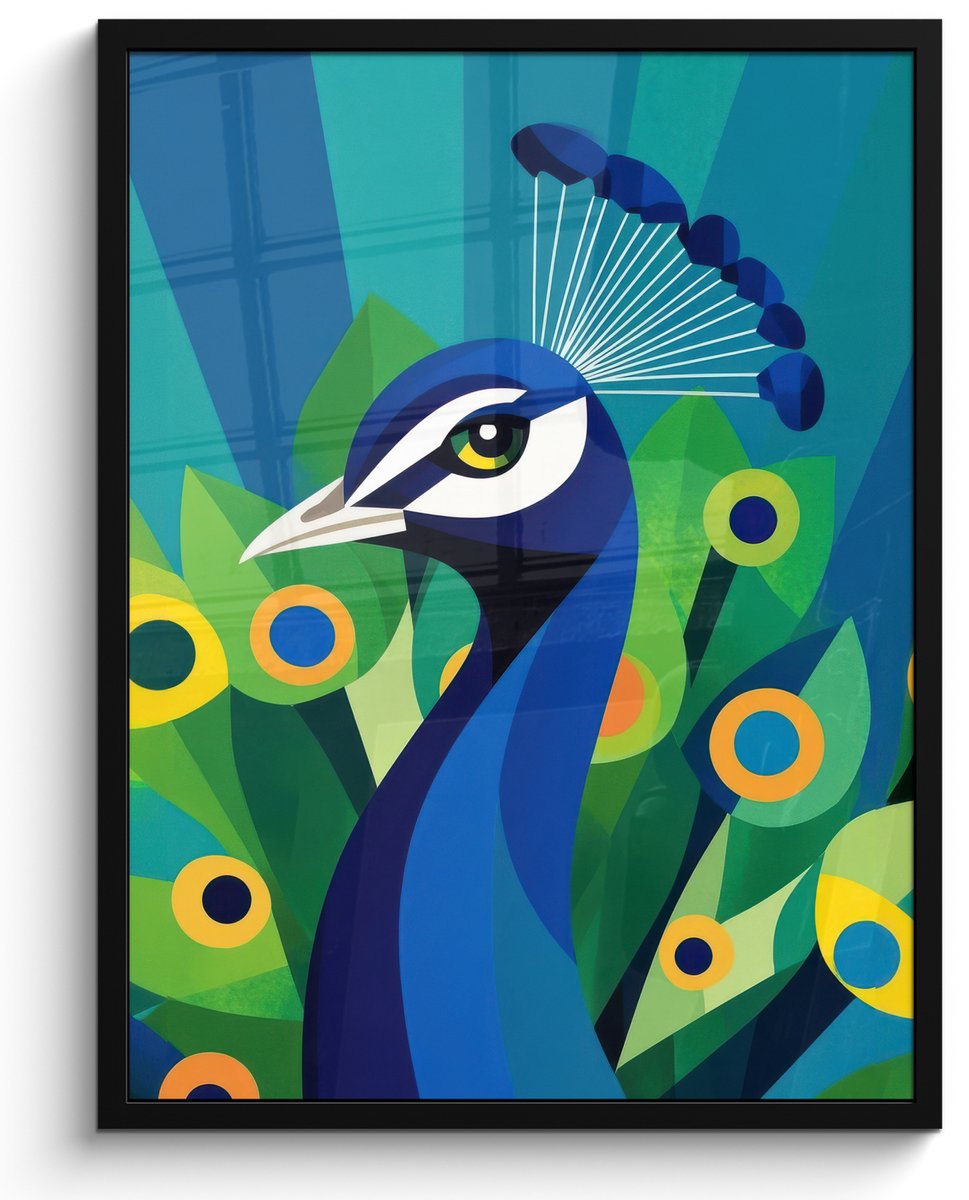 FrameYourWall Poster in lijst - Fotolijst 50x70 cm - Posters - Pauw - Cirkels - Blauw - Posterlijst zwart - Decoratie - Wanddecoratie woonkamer - Muurdecoratie slaapkamer Pauw - Veren