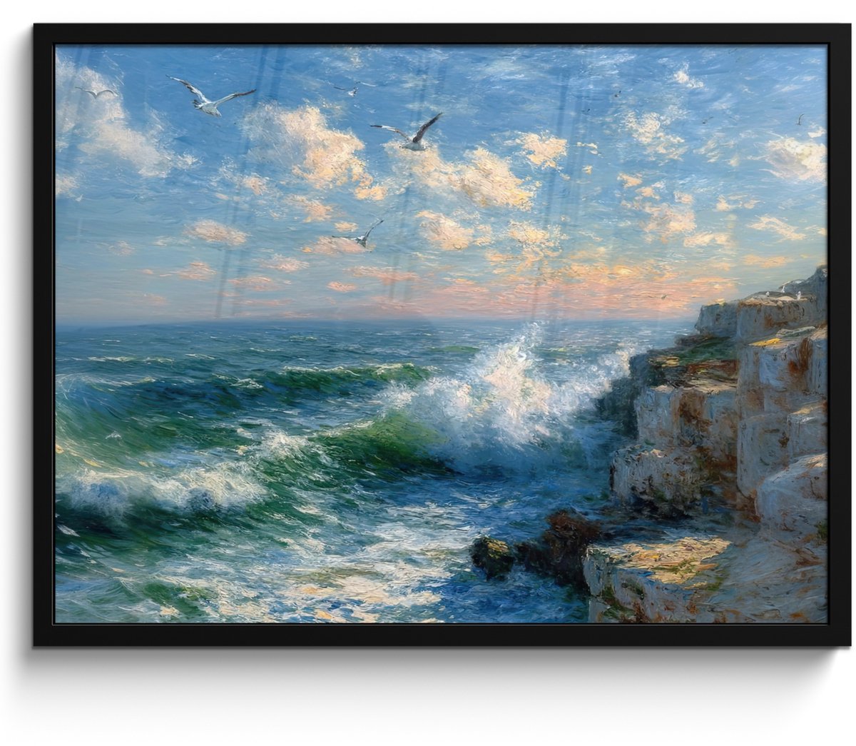 FrameYourWall Poster in lijst - Fotolijst 70x50 cm - Posters - Zee - Golven - Rotsen - Meeuwen - Posterlijst zwart - Decoratie - Wanddecoratie woonkamer - Muurdecoratie slaapkamer