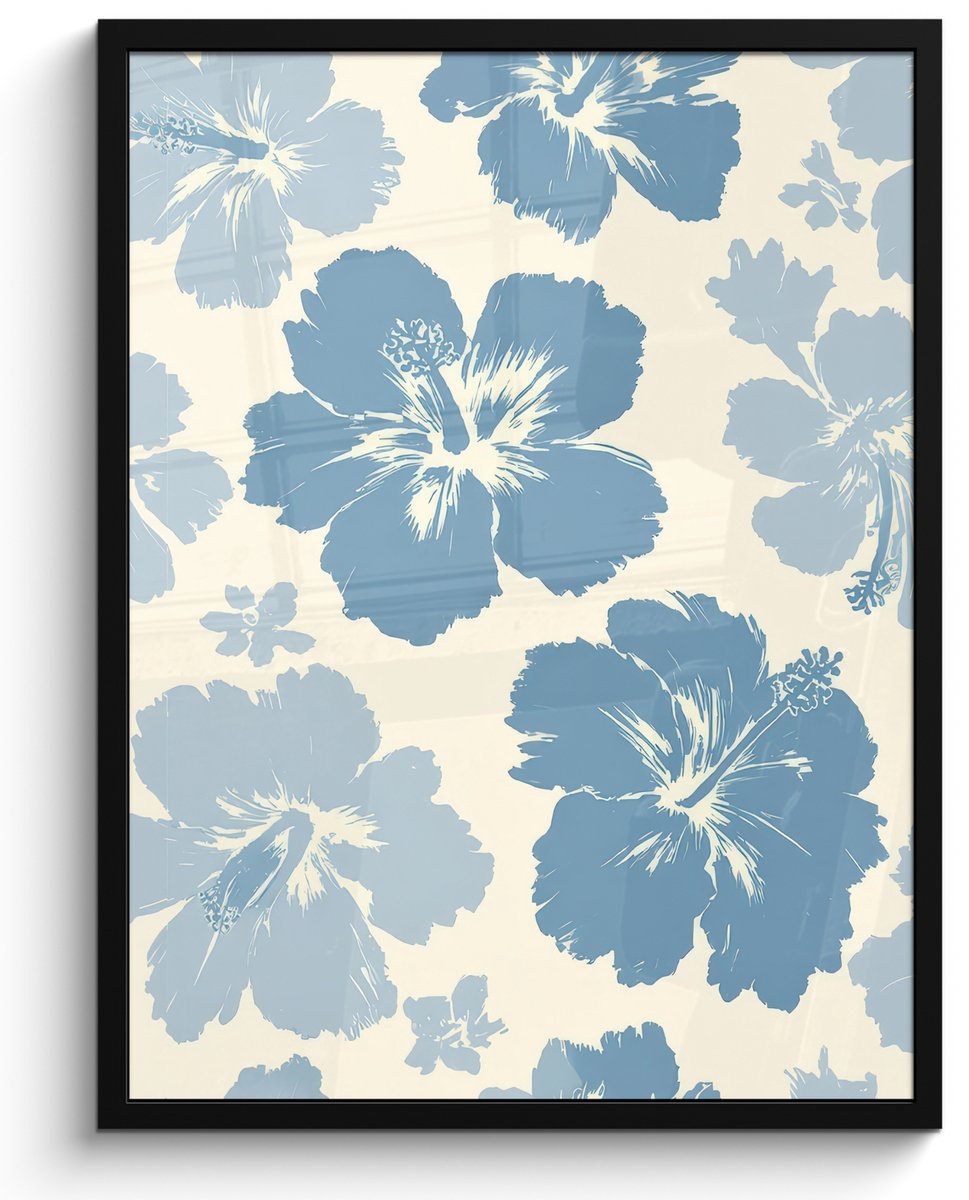 FrameYourWall Poster in lijst - Fotolijst 50x70 cm - Posters - Hibiscusbloemen - Blauw - Patroon - Tropisch - Posterlijst zwart - Decoratie - Wanddecoratie woonkamer - Muurdecoratie slaapkamer Multicolor