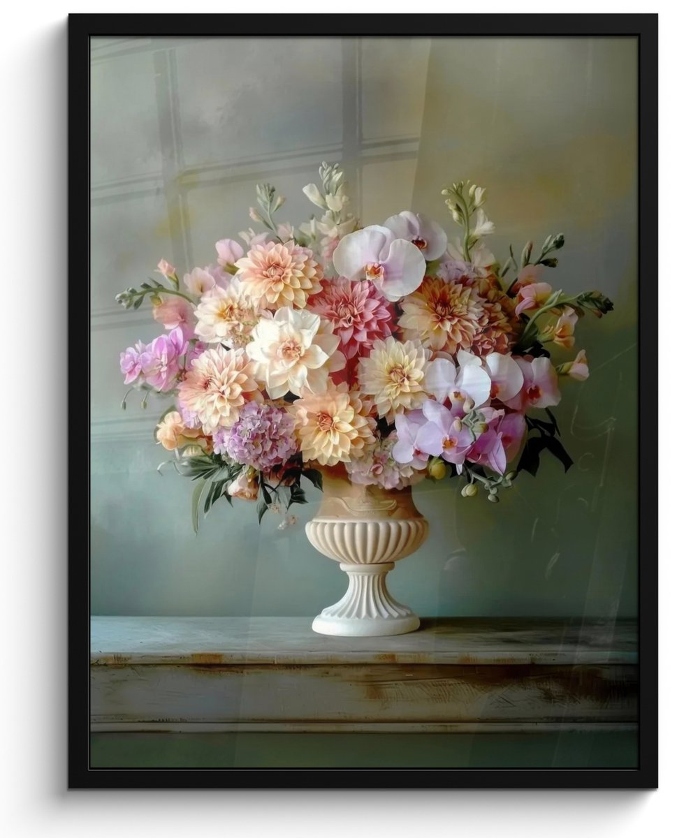 FrameYourWall Poster in lijst - Fotolijst 50x70 cm - Posters - Orchidee - Boeket - Vaas - Bloemen - Posterlijst zwart - Decoratie - Wanddecoratie woonkamer - Muurdecoratie slaapkamer Bloemen - Pastel