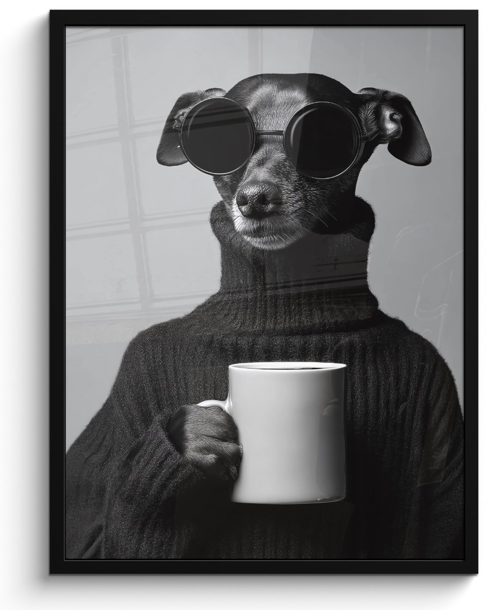 FrameYourWall Poster in lijst - Fotolijst 50x70 cm - Posters - Coltrui - Hond - Bril - Mok - Posterlijst zwart - Decoratie - Wanddecoratie woonkamer - Muurdecoratie slaapkamer Hond - Mok
