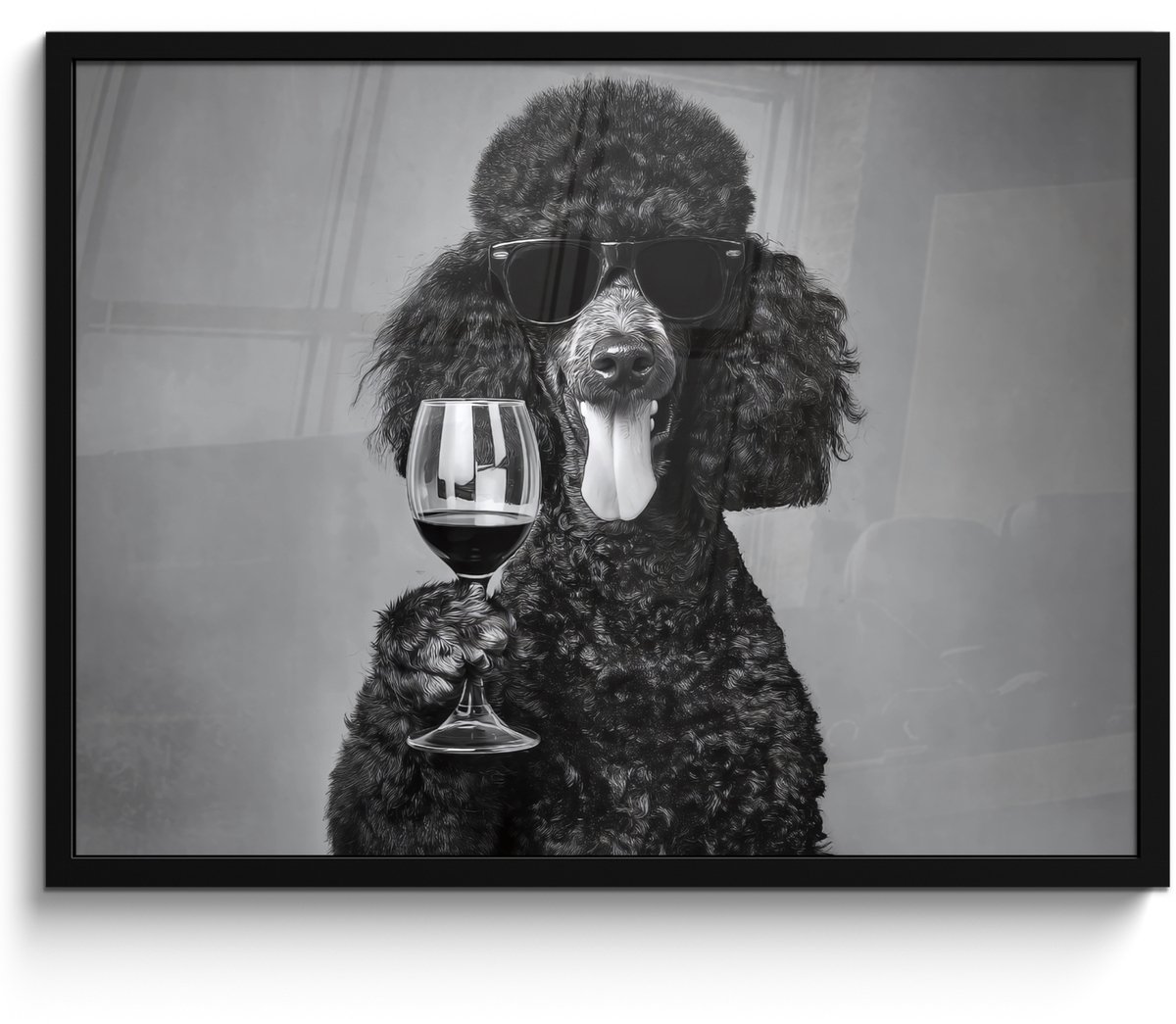 FrameYourWall Poster in lijst - Fotolijst 70x50 cm - Posters - Hond - Krullen - Zonnebril - Wijn - Posterlijst zwart - Decoratie - Wanddecoratie woonkamer - Muurdecoratie slaapkamer Hond - Wijn