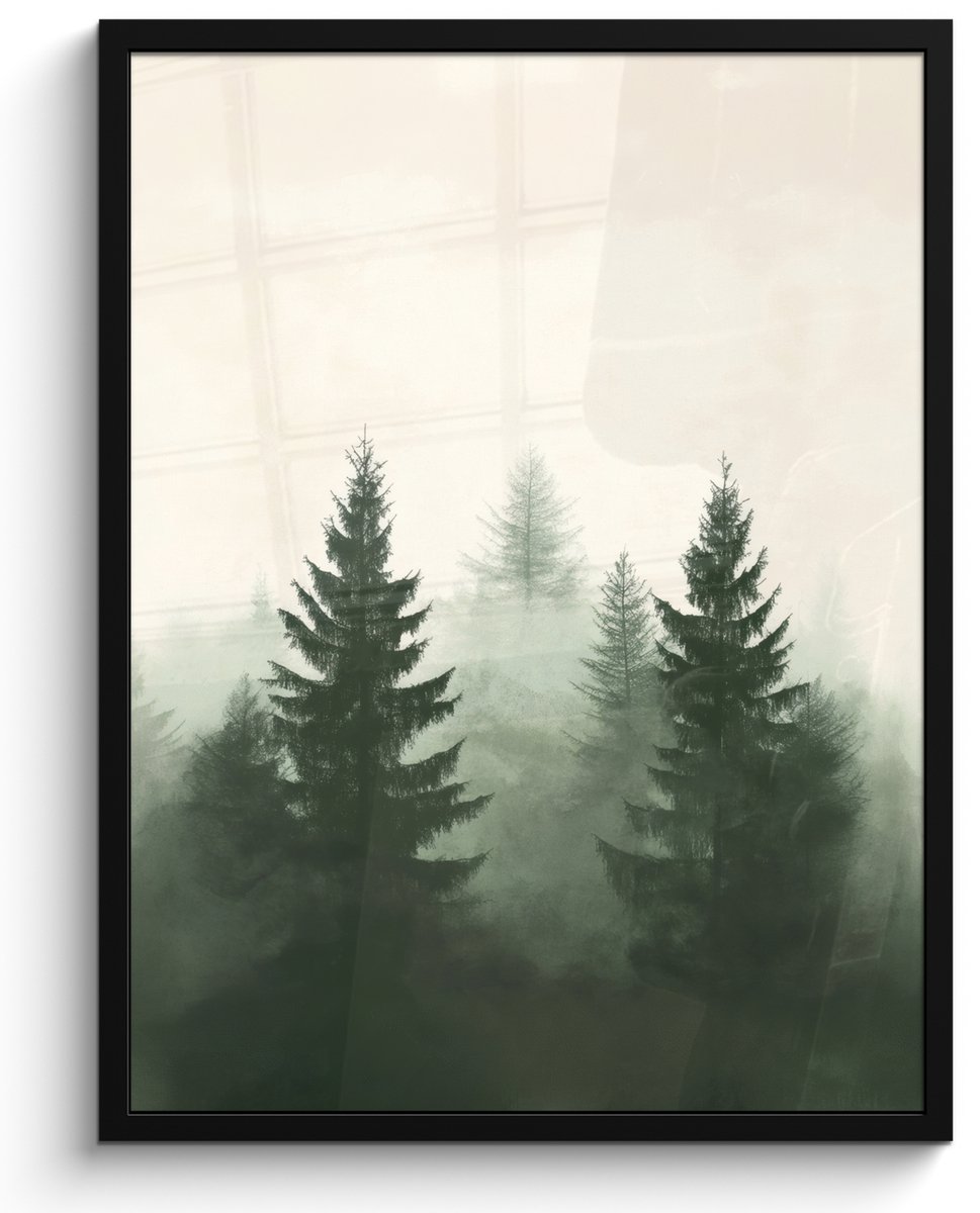 FrameYourWall Poster in lijst - Fotolijst 50x70 cm - Posters - Sparren - Bomen - Groen - Beige - Posterlijst zwart - Decoratie - Wanddecoratie woonkamer - Muurdecoratie slaapkamer Bomen - Mist