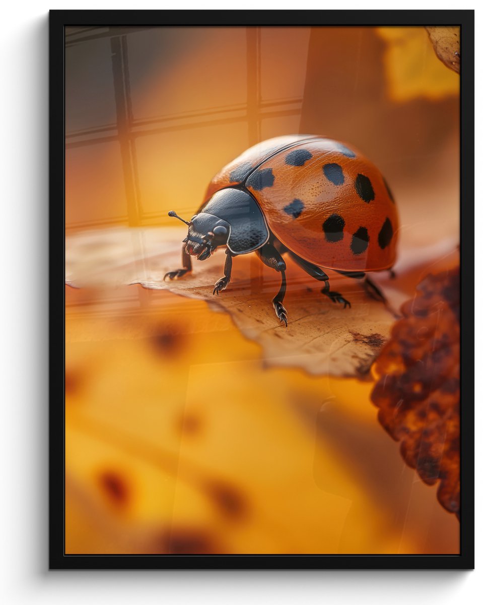 FrameYourWall Poster in lijst - Fotolijst 50x70 cm - Posters - Lieveheersbeestje - Herfst - Insect - Rood - Bladeren - Posterlijst zwart - Decoratie - Wanddecoratie woonkamer - Muurdecoratie slaapkamer