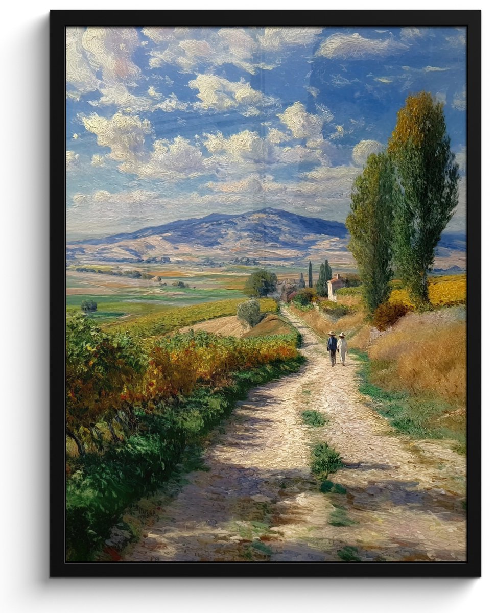 FrameYourWall Poster in lijst - Fotolijst 50x70 cm - Posters - Mensen - Wandelen - Zandpad - Velden - Posterlijst zwart - Decoratie - Wanddecoratie woonkamer - Muurdecoratie slaapkamer Zandpad - Velden - Bergen