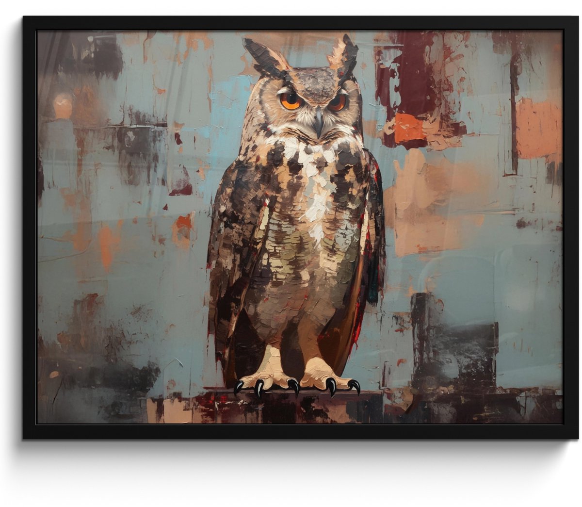 FrameYourWall Poster in lijst - Fotolijst 70x50 cm - Posters - Geschilderd - Abstract - Uil - Bruin - Posterlijst zwart - Decoratie - Wanddecoratie woonkamer - Muurdecoratie slaapkamer