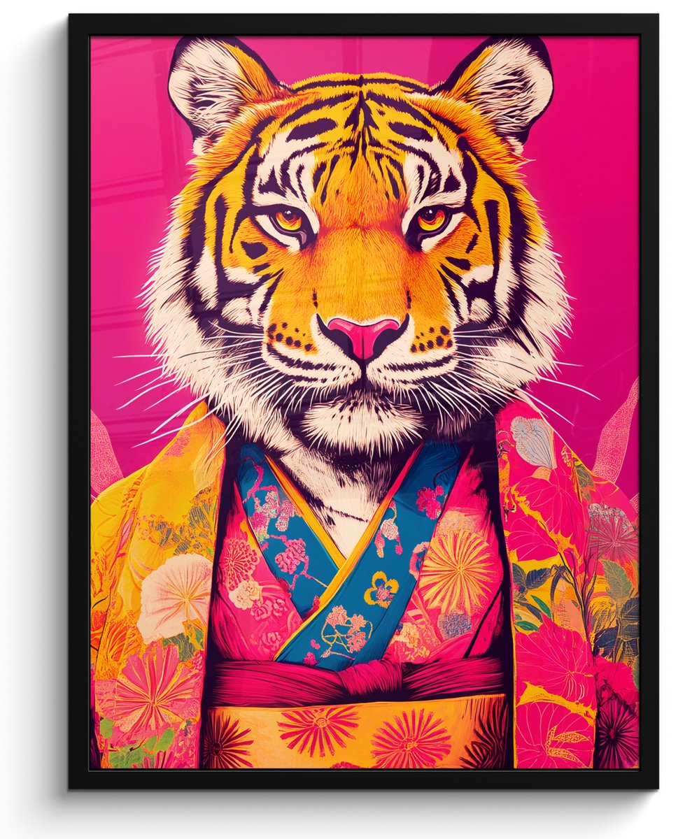 FrameYourWall Poster in lijst - Fotolijst 50x70 cm - Posters - Tijger - Kimono - Planten - Roze - Posterlijst zwart - Decoratie - Wanddecoratie woonkamer - Muurdecoratie slaapkamer