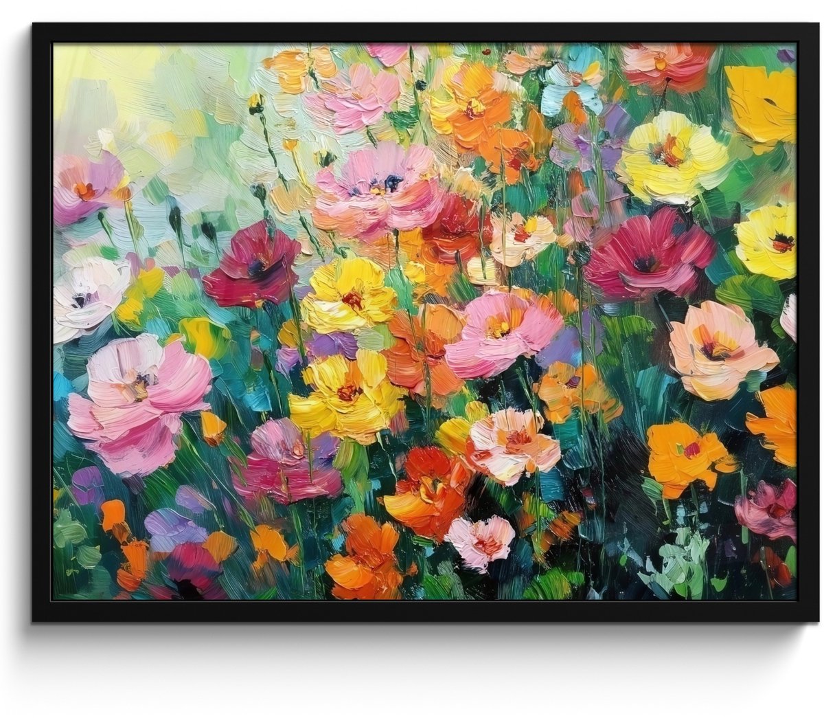 FrameYourWall Poster in lijst - Fotolijst 70x50 cm - Posters - Bloemen explosie - Heldere kleuren - Vrolijk - Posterlijst zwart - Decoratie - Wanddecoratie woonkamer - Muurdecoratie slaapkamer Bloemenveld - Kleurrijk