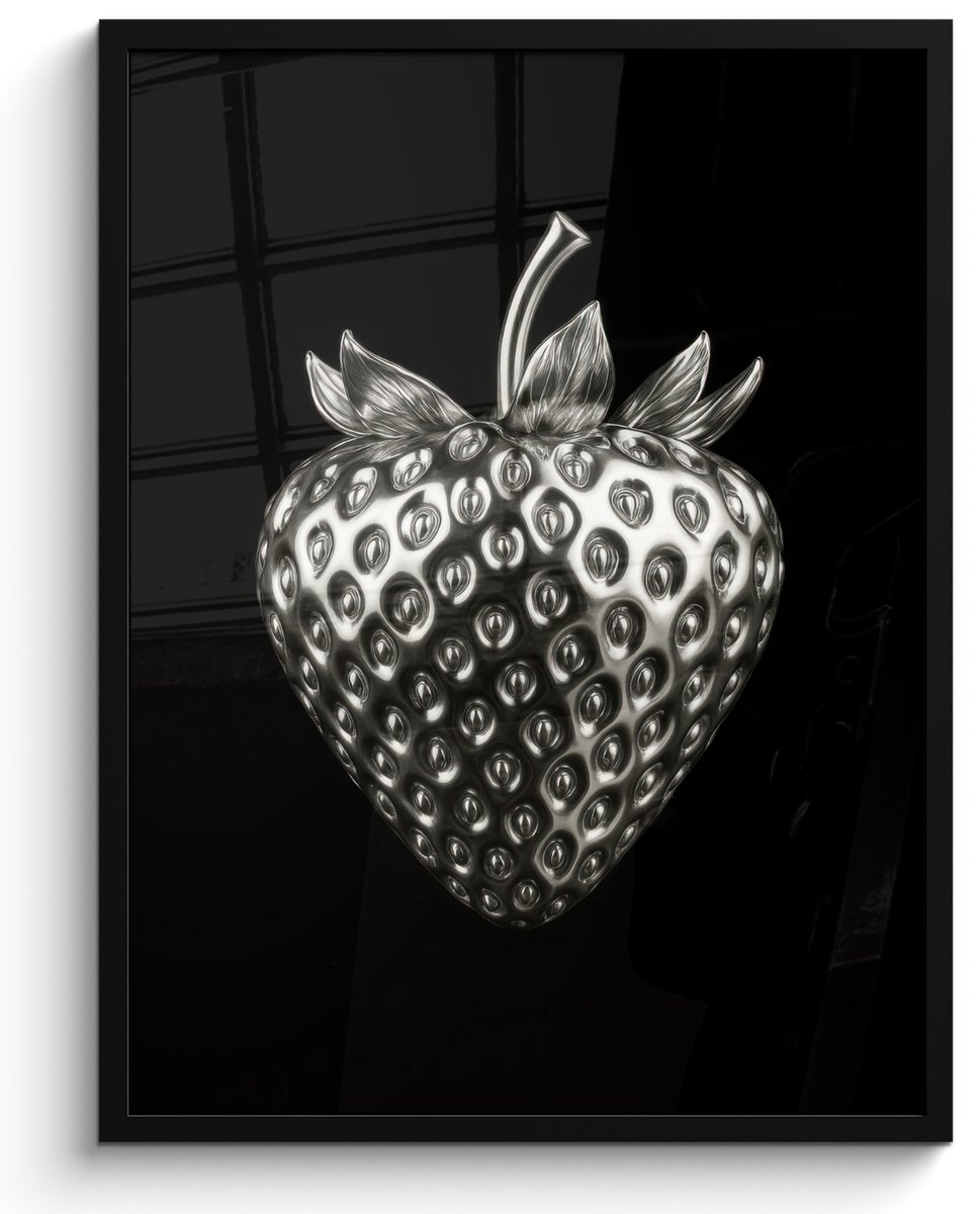 FrameYourWall Poster in lijst - Fotolijst 50x70 cm - Posters - Aardbei - Zaadstructuur - Realistisch - Posterlijst zwart - Decoratie - Wanddecoratie woonkamer - Muurdecoratie slaapkamer