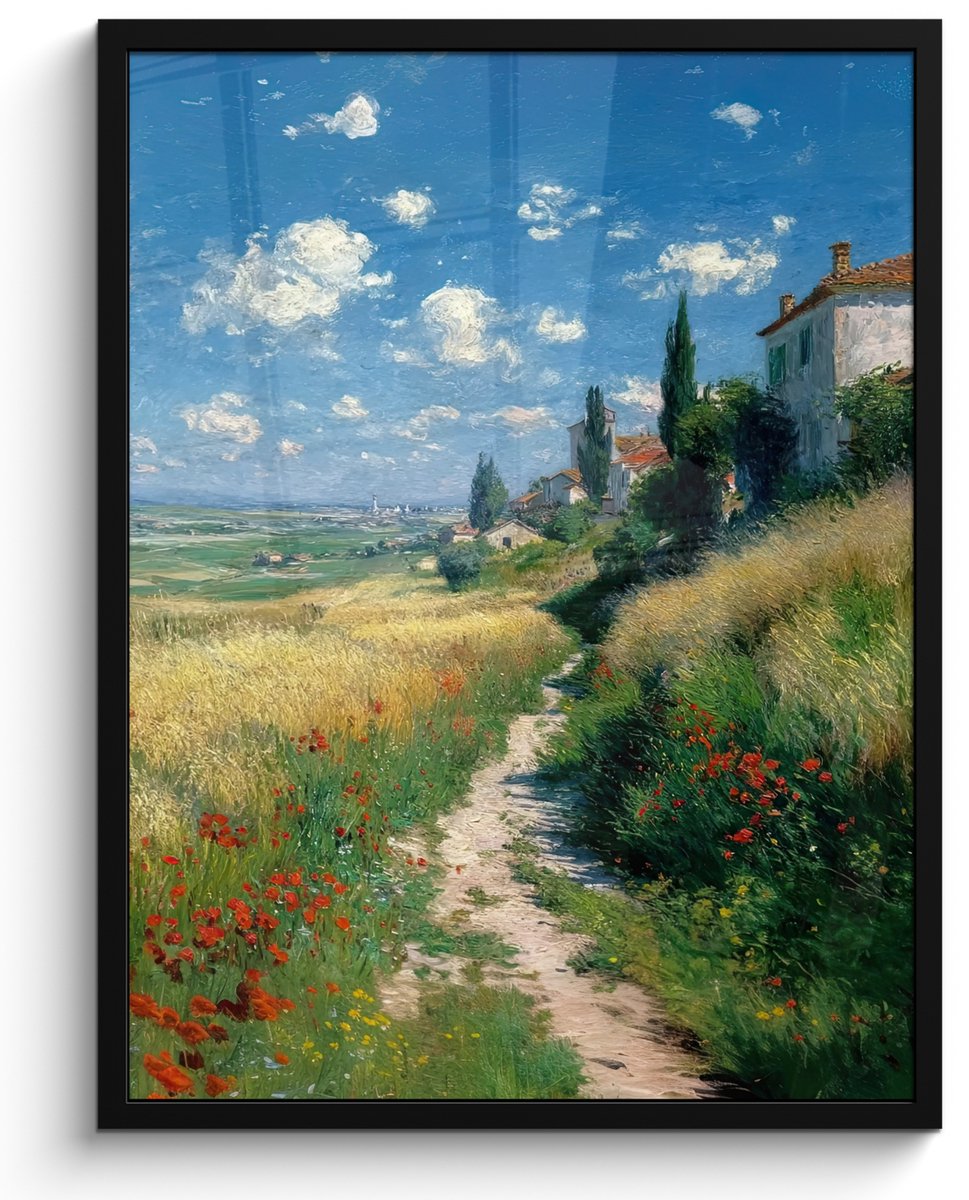 FrameYourWall Poster in lijst - Fotolijst 50x70 cm - Posters - Zandpad - Huis - Bomen - Grasveld - Posterlijst zwart - Decoratie - Wanddecoratie woonkamer - Muurdecoratie slaapkamer