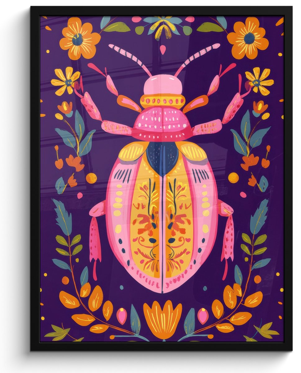 FrameYourWall Poster in lijst - Fotolijst 50x70 cm - Posters - Kever - Felgekleurd - Bloemen - Bladeren - Posterlijst zwart - Decoratie - Wanddecoratie woonkamer - Muurdecoratie slaapkamer Kever - Kleurrijk