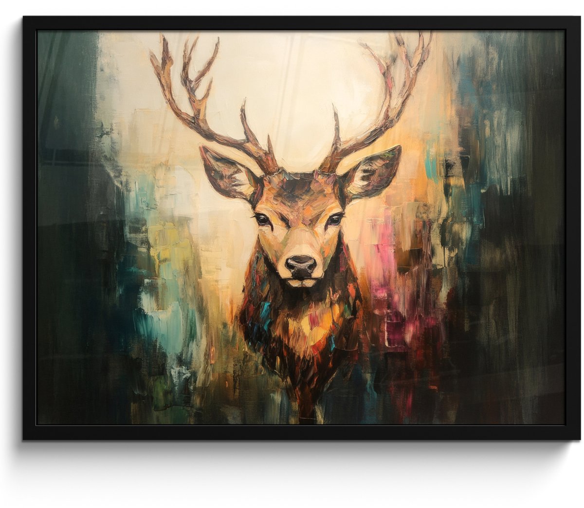 FrameYourWall Poster in lijst - Fotolijst 70x50 cm - Posters - Hert - Geverfd - Gewei - Bruin - Posterlijst zwart - Decoratie - Wanddecoratie woonkamer - Muurdecoratie slaapkamer Hert - Gewei - Verf