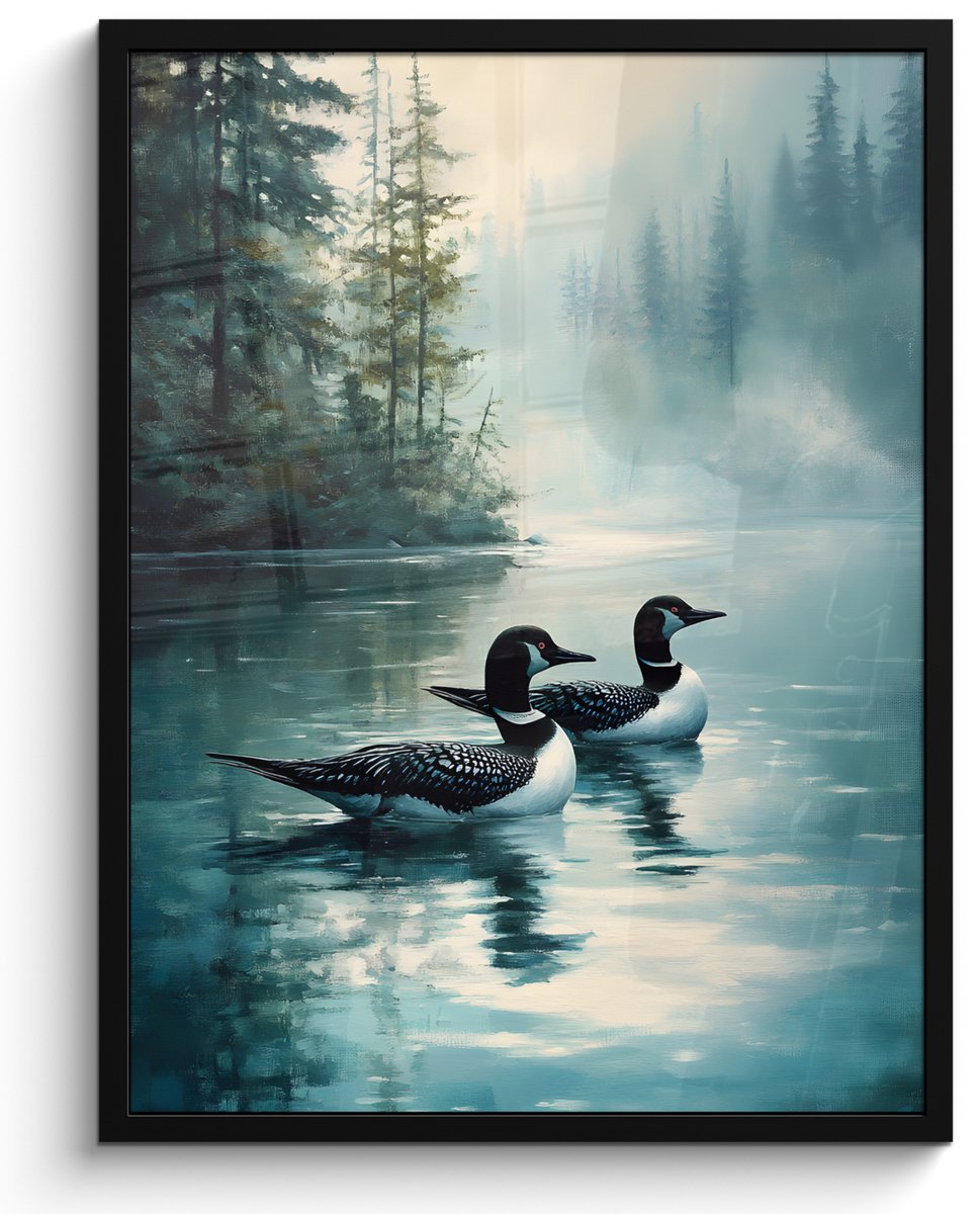FrameYourWall Poster in lijst - Fotolijst 50x70 cm - Posters - Bos - Water - Eenden - Mistig - Posterlijst zwart - Decoratie - Wanddecoratie woonkamer - Muurdecoratie slaapkamer Eenden - Water - Bos