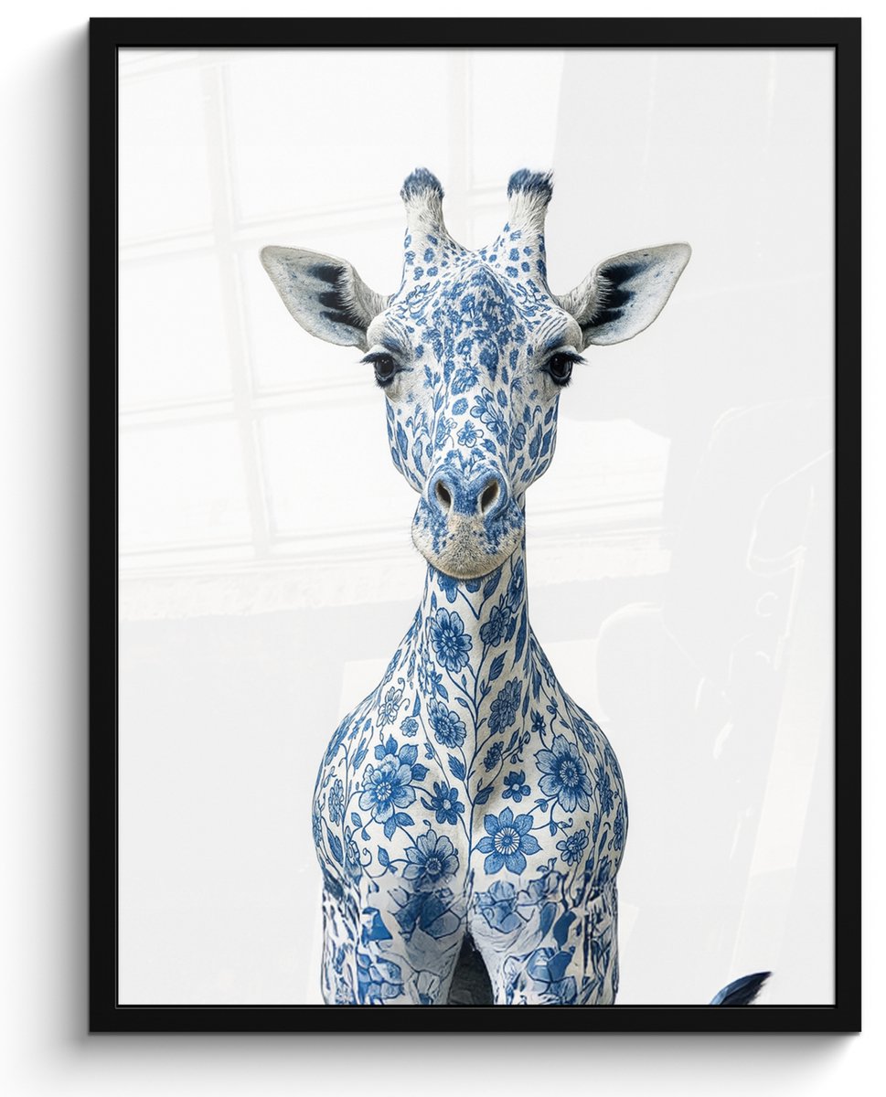 FrameYourWall Poster in lijst - Fotolijst 50x70 cm - Posters - Giraffe - Delfts blauw - Dieren - Minimalistisch - Posterlijst zwart - Decoratie - Wanddecoratie woonkamer - Muurdecoratie slaapkamer