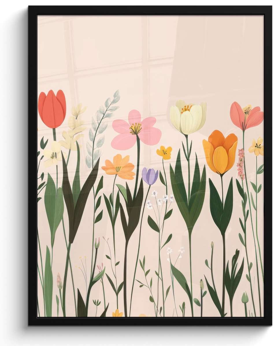 FrameYourWall Poster in lijst - Fotolijst 50x70 cm - Posters - Pasteltinten - Bloemen - Illustratie - Posterlijst zwart - Decoratie - Wanddecoratie woonkamer - Muurdecoratie slaapkamer