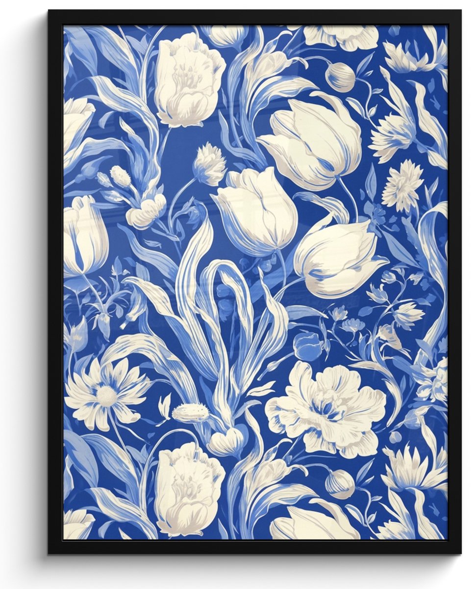 FrameYourWall Poster in lijst - Fotolijst 50x70 cm - Posters - Bloemen - Delfts Blauw - Patroon - Tulp - Posterlijst zwart - Decoratie - Wanddecoratie woonkamer - Muurdecoratie slaapkamer Bloemen - Tulpen