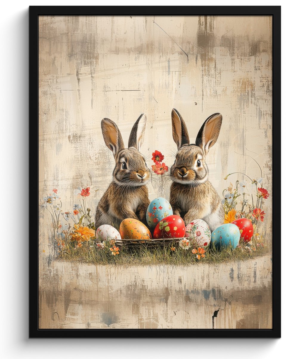 FrameYourWall Poster in lijst - Fotolijst 50x70 cm - Posters - Konijnen - Bloemen - Eieren - Posterlijst zwart - Decoratie - Wanddecoratie woonkamer - Muurdecoratie slaapkamer Konijnen - Vintage