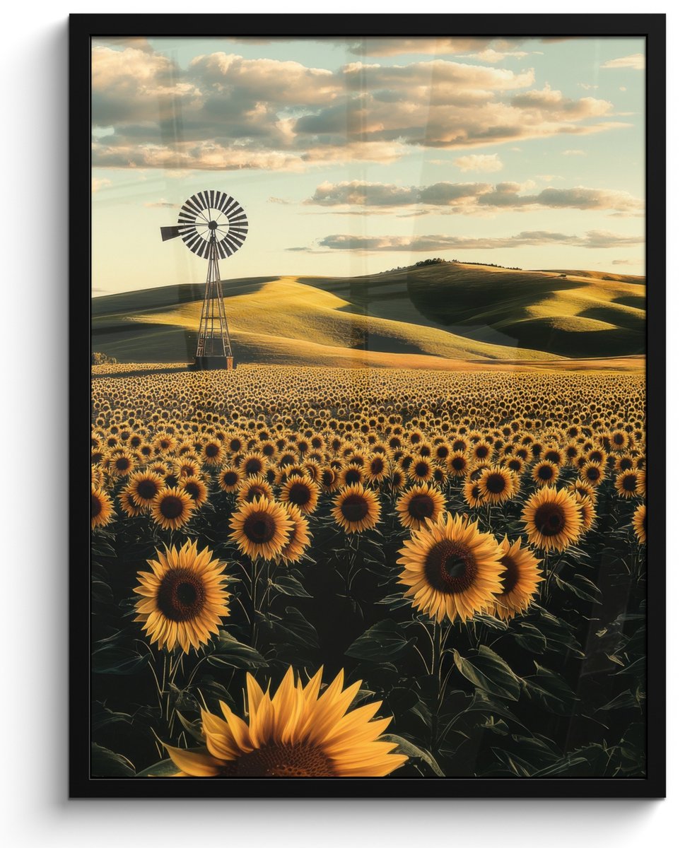 FrameYourWall Poster in lijst - Fotolijst 50x70 cm - Posters - Zonnebloem - Veld - Windmolen - Posterlijst zwart - Decoratie - Wanddecoratie woonkamer - Muurdecoratie slaapkamer