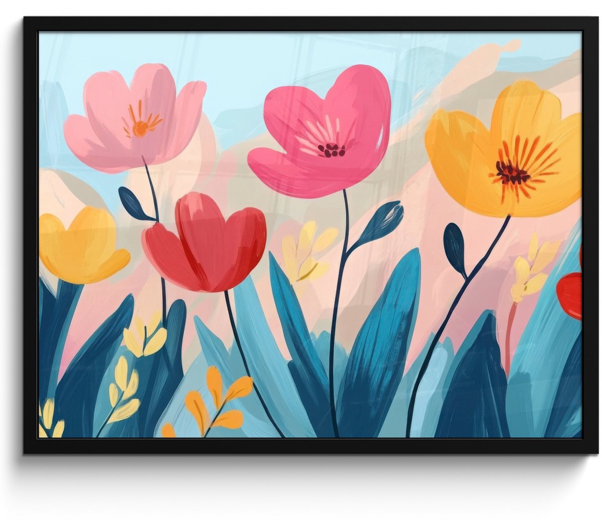 FrameYourWall Poster in lijst - Fotolijst 70x50 cm - Posters - Illustratie - Bloemen - Kleurrijk - Posterlijst zwart - Decoratie - Wanddecoratie woonkamer - Muurdecoratie slaapkamer