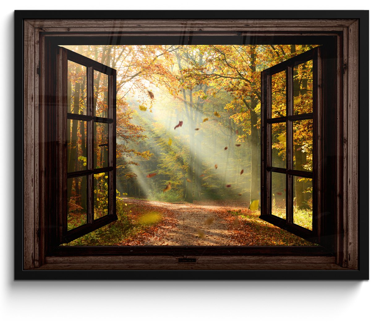 FrameYourWall Poster in lijst - Fotolijst 70x50 cm - Posters - Bos - Bomen - Herfst - Zon - Herfstbladeren - Natuur - Doorkijk - Posterlijst zwart - Decoratie - Wanddecoratie woonkamer - Muurdecoratie slaapkamer Bruin