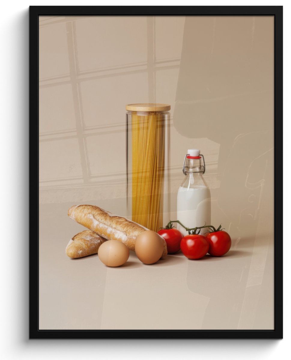 FrameYourWall Fotolijst inclusief poster - Posterlijst 50x70 cm - Posters - Spaghetti - Melk - Tomaten - Eieren - Brood - Foto in lijst - Keuken decoratie muur - Wanddecoratie accessoires - Muurdecoratie - Schilderijen