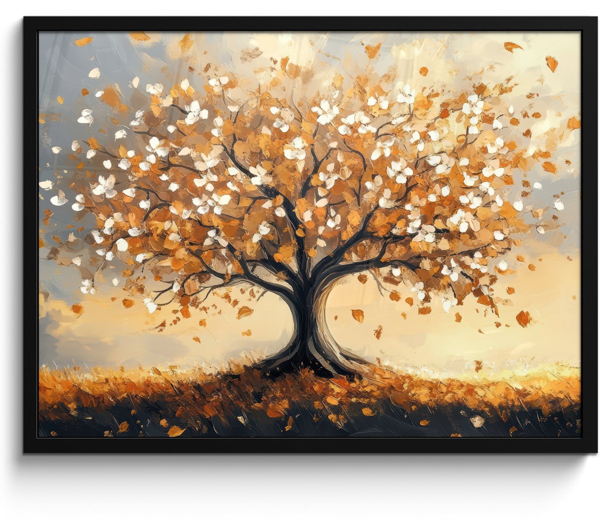 FrameYourWall Poster in lijst - Fotolijst 70x50 cm - Posters - Herfst - Boom - Oranje - Bladeren - Levensboom - Abstract - Posterlijst zwart - Decoratie - Wanddecoratie woonkamer - Muurdecoratie slaapkamer