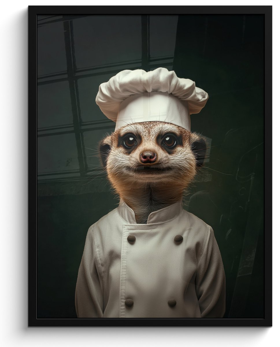 FrameYourWall Poster in lijst - Fotolijst 50x70 cm - Posters - Dier - Kok - Stokstaartje - Posterlijst zwart - Decoratie - Wanddecoratie woonkamer - Muurdecoratie slaapkamer